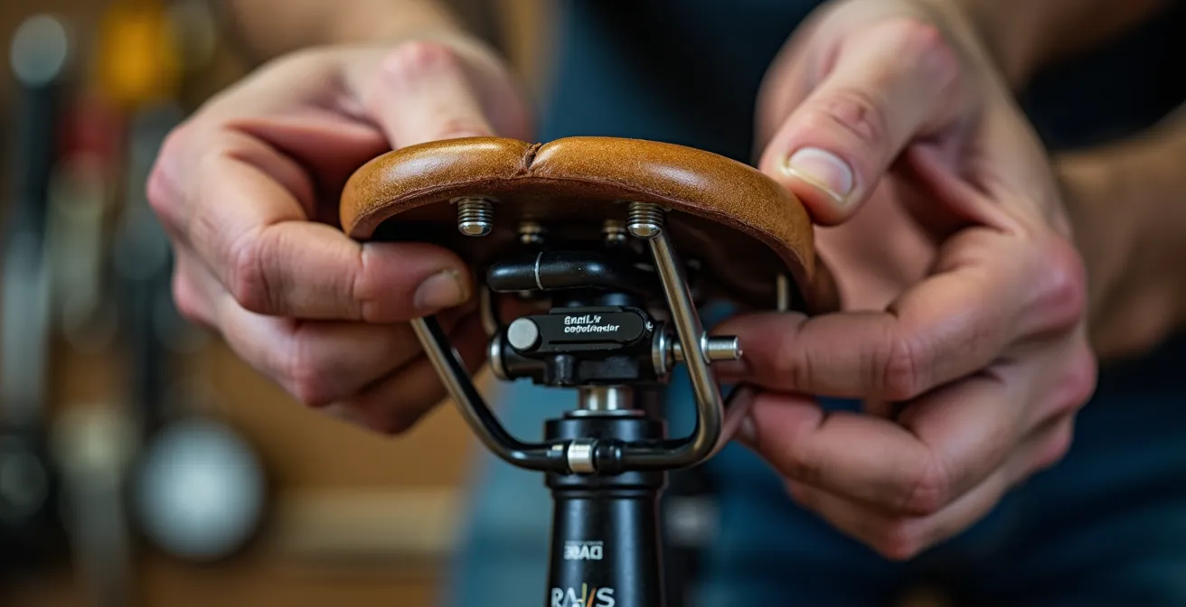 Mecánico ajustando sillín de bicicleta para ciclista en tienda española