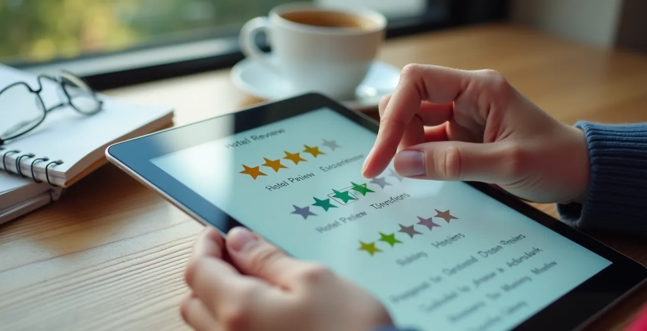 Manos analizando reseñas de hotel en tablet con notas manuscritas
