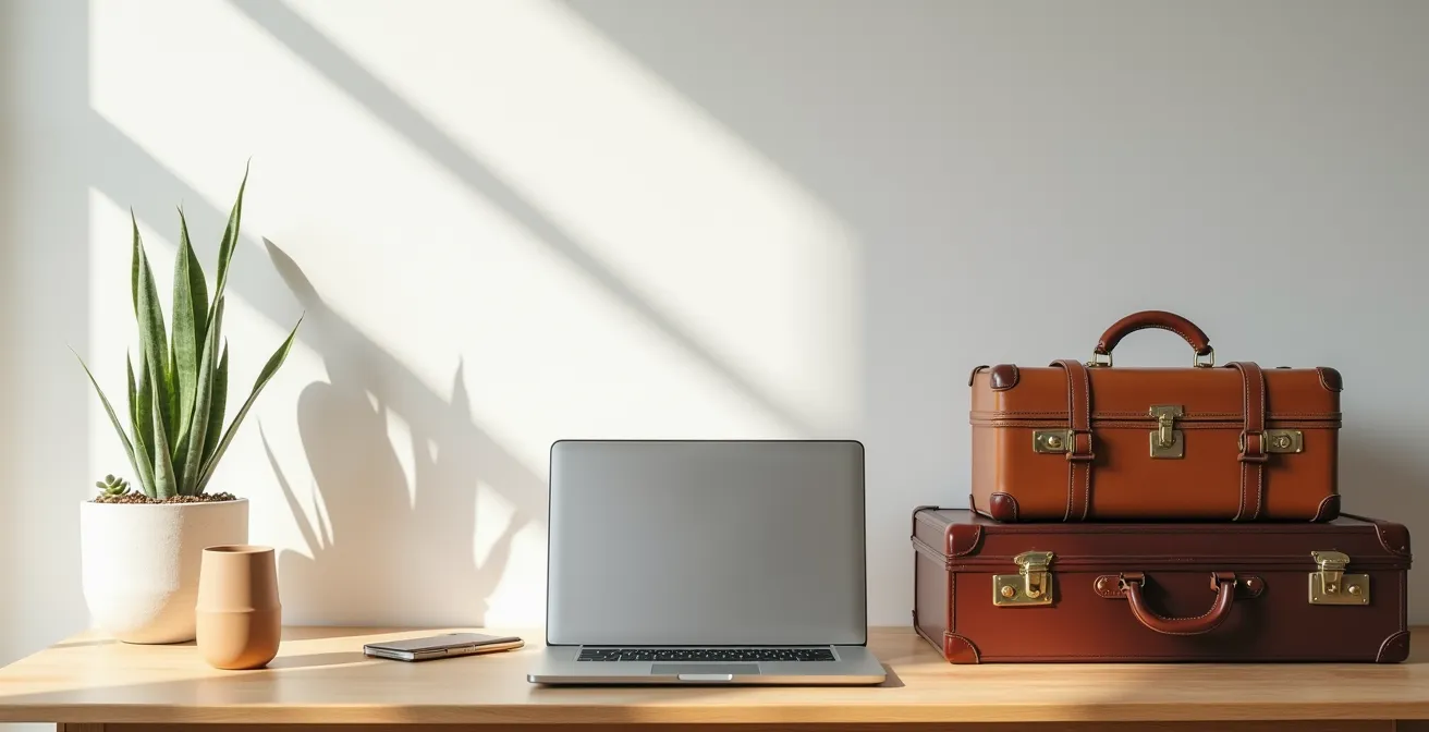 Espacio de trabajo minimalista con portátil cerrado y maleta de viaje preparada