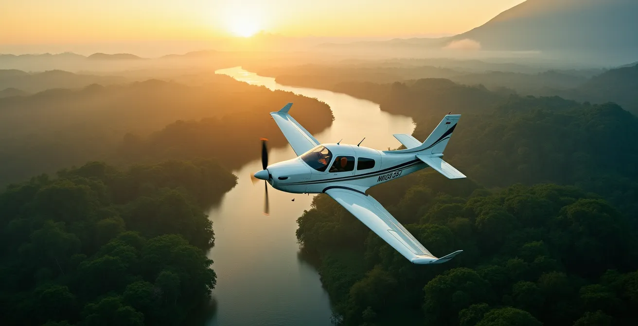 Vista aérea desde una avioneta sobrevolando la costa de Costa Rica con selva y océano