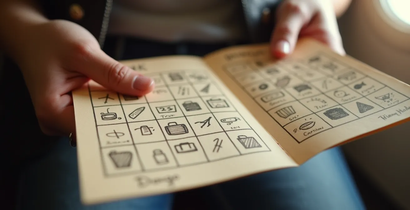 Manos sosteniendo tarjetas de bingo personalizado con ilustraciones divertidas de situaciones de aeropuerto