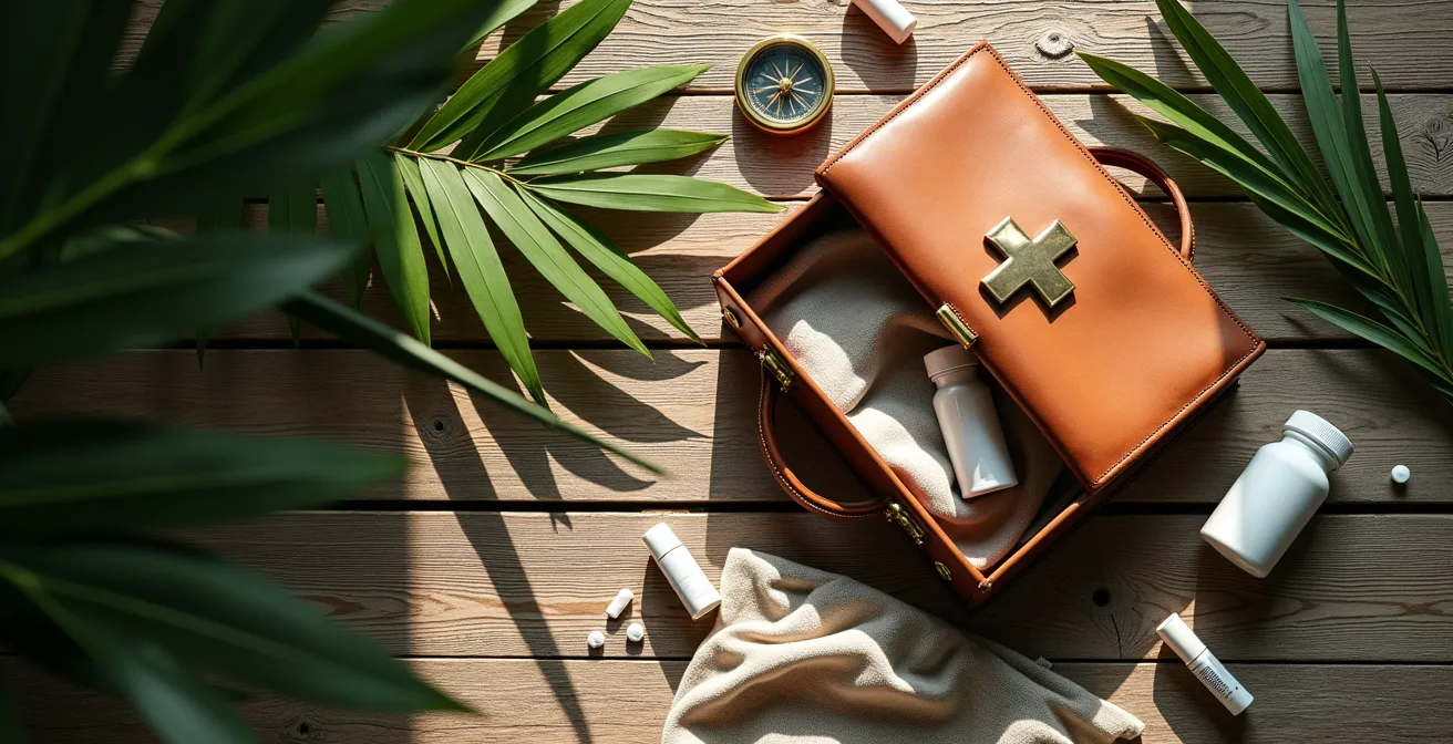 Preparación de botiquín médico para viaje a destino tropical con hojas, vendas y una brújula.