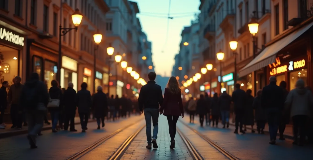 Pareja caminando entre la multitud nocturna de la calle Istiklal con luces cálidas