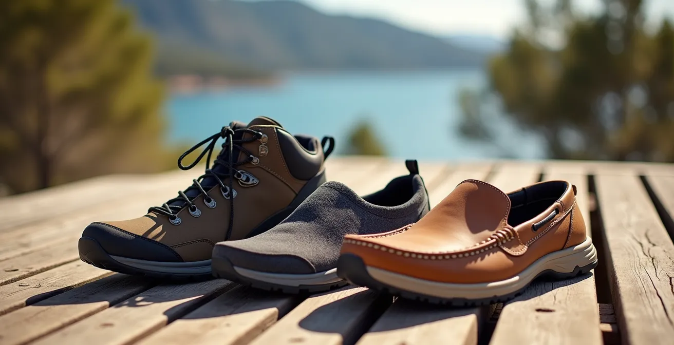 Tres tipos de calzado de viaje dispuestos sobre superficie de madera: bota impermeable, sandalia técnica y zapato plegable