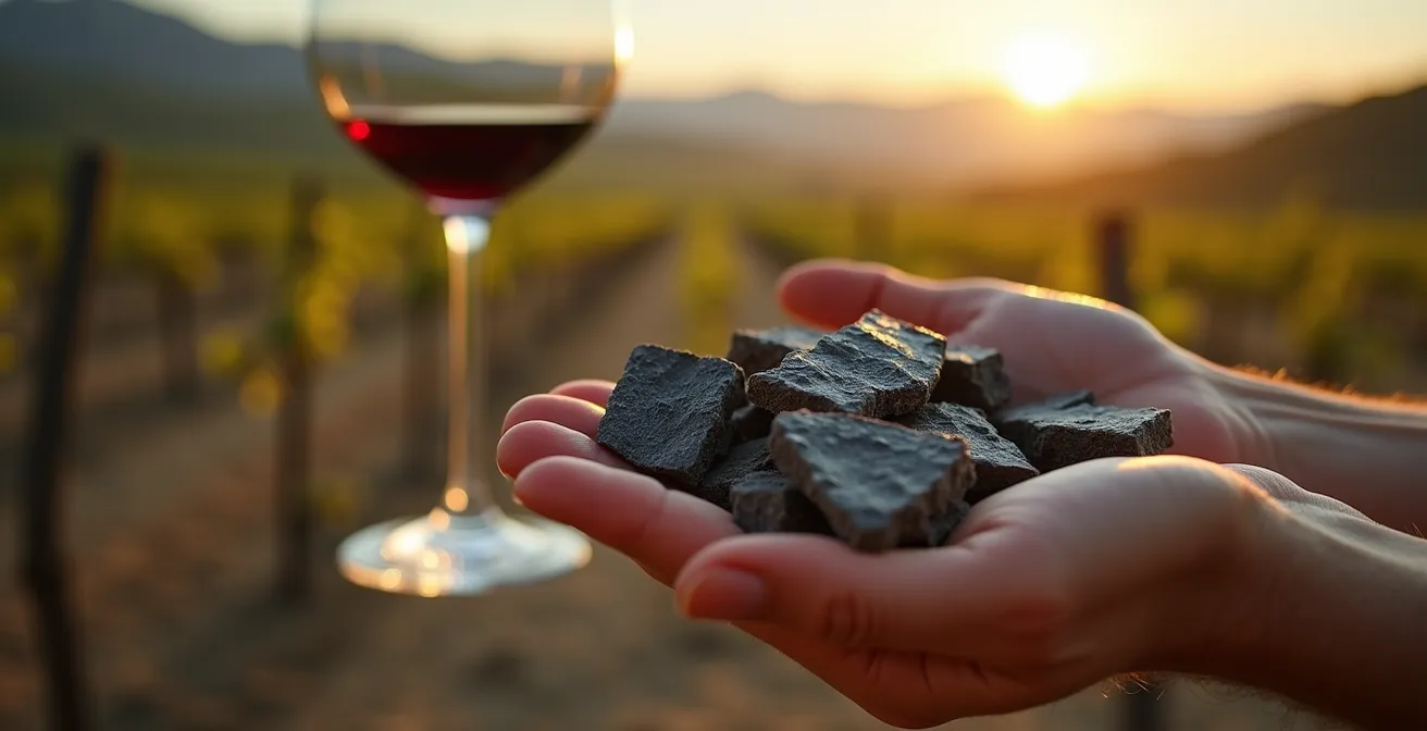 Primer plano de las manos de un enólogo mostrando el característico suelo de pizarra del Priorat a una pareja, con el viñedo de fondo.