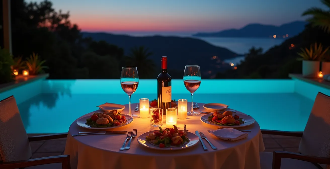 Mesa elegante para cena junto a piscina iluminada con velas LED al anochecer