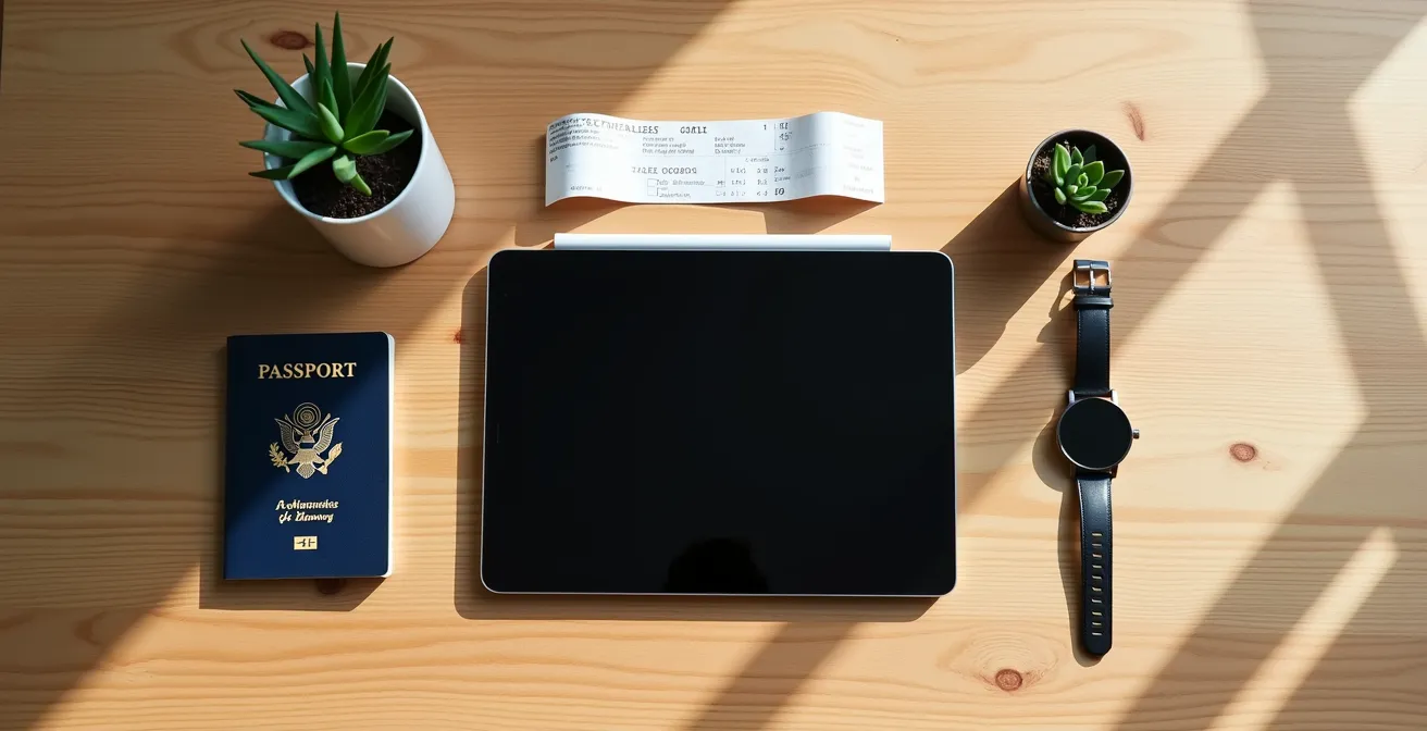 Mesa con tablet mostrando organización digital del viaje y documentos de luna de miel
