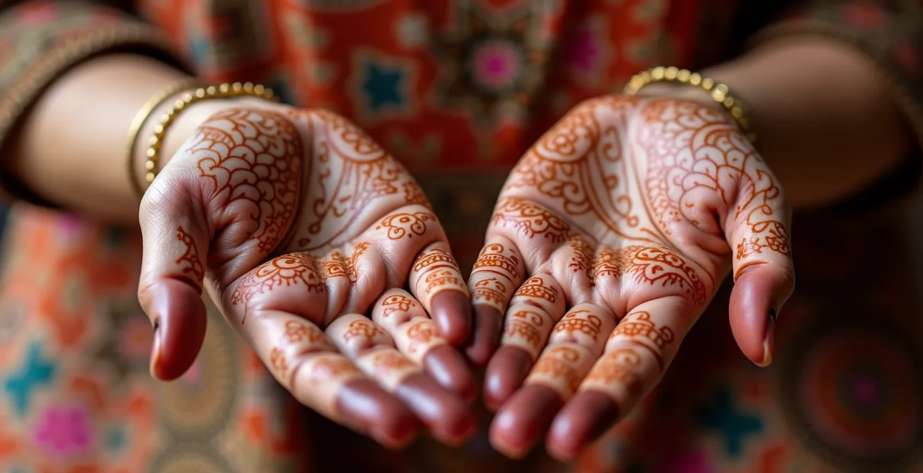 Detalle artístico de manos decoradas con henna en ceremonia nupcial marroquí