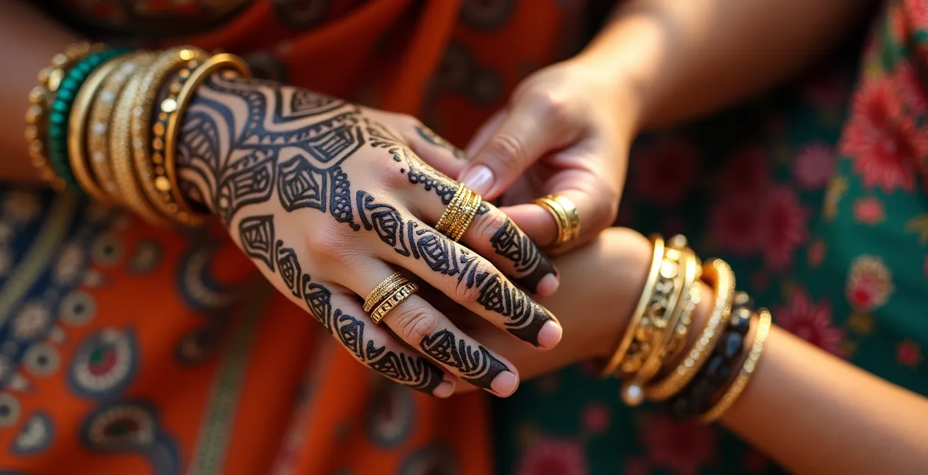 Detalle macro de manos femeninas decoradas con intrincados diseños de henna tradicional marroquí