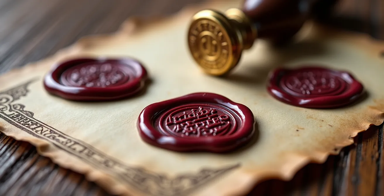 Detalle macro de sellos oficiales y certificados de autenticidad sobre superficie de madera antigua