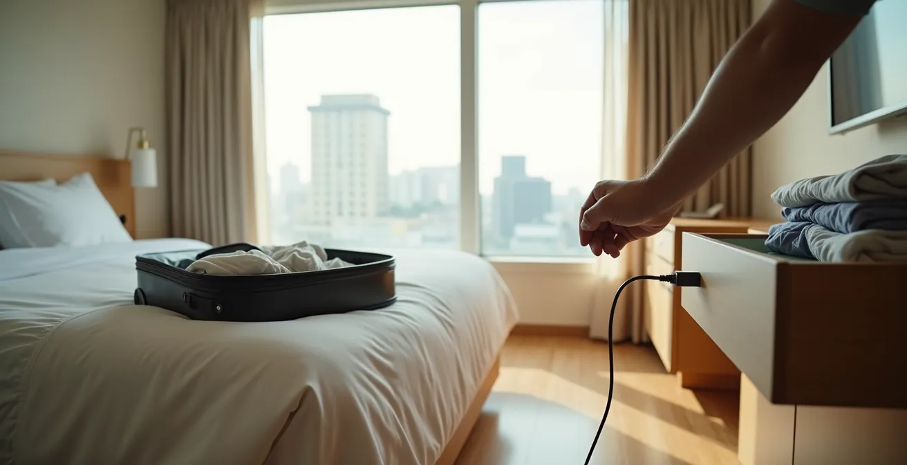 Vista de habitación de hotel con maleta abierta y lista de verificación sobre la cama durante el check-out