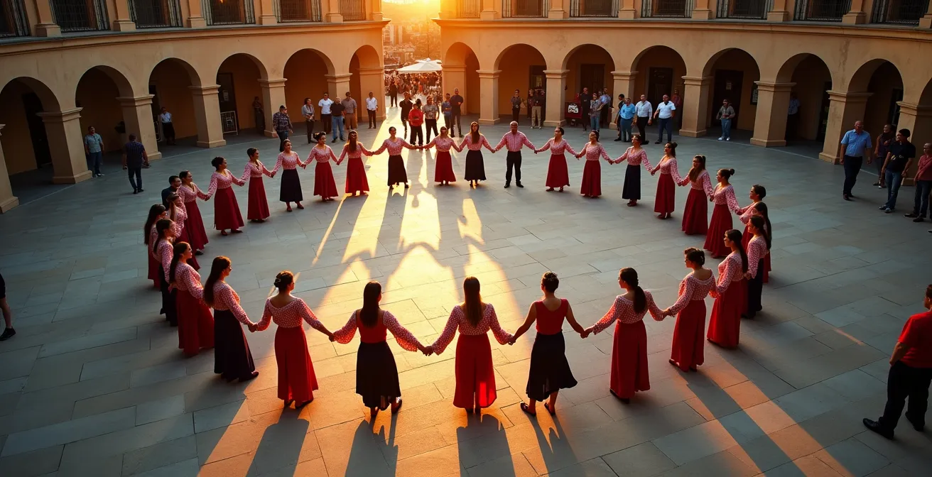 Vista aérea de personas bailando sardana en círculo en una plaza catalana