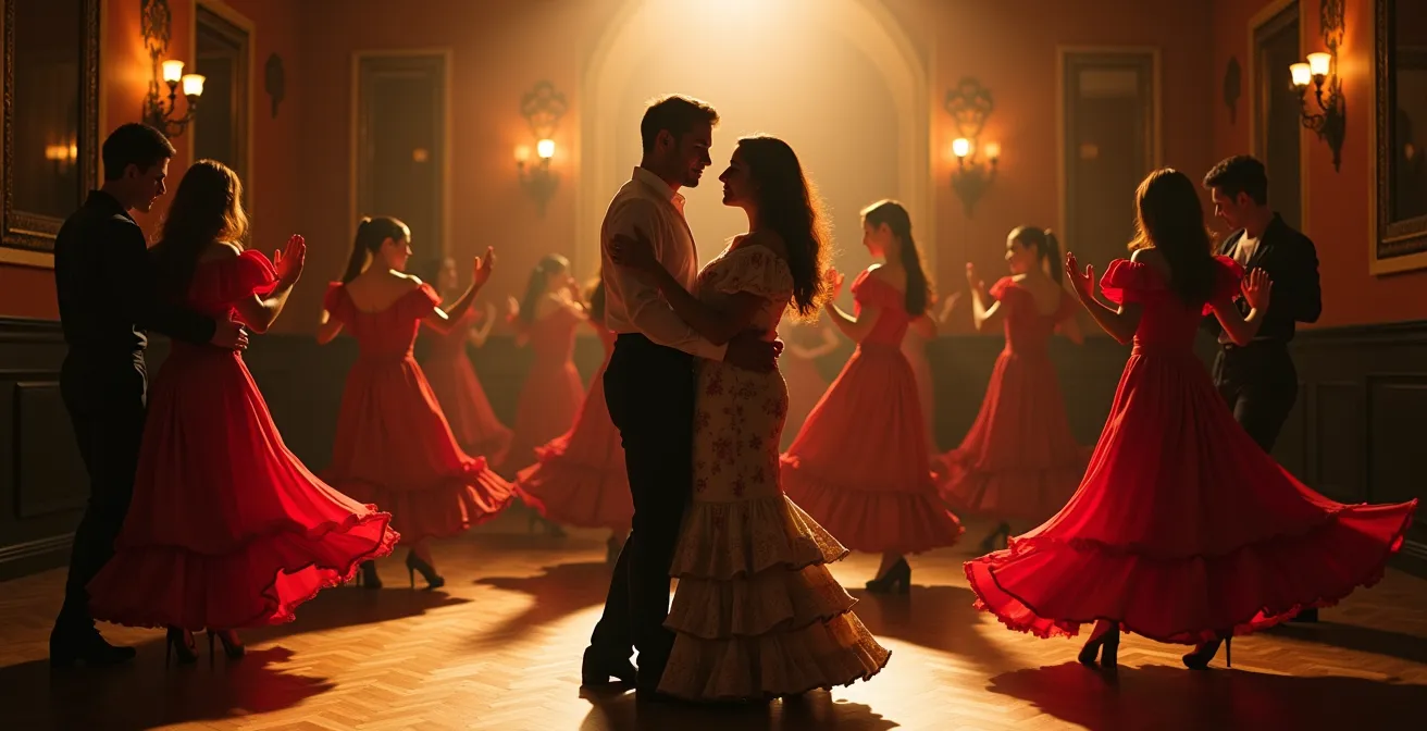 Un grupo de parejas en una clase de flamenco, capturando la energía colectiva y el movimiento sincronizado de las palmas y el baile.