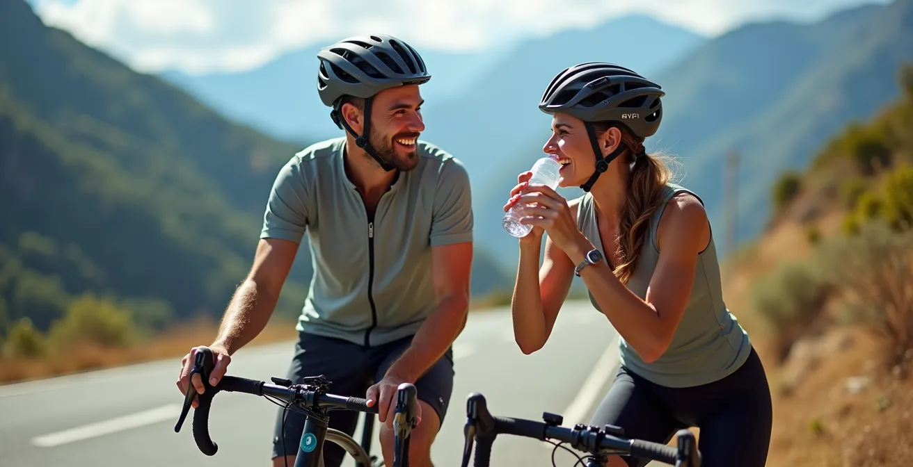 Pareja con bicicleta eléctrica y convencional en puerto de montaña español
