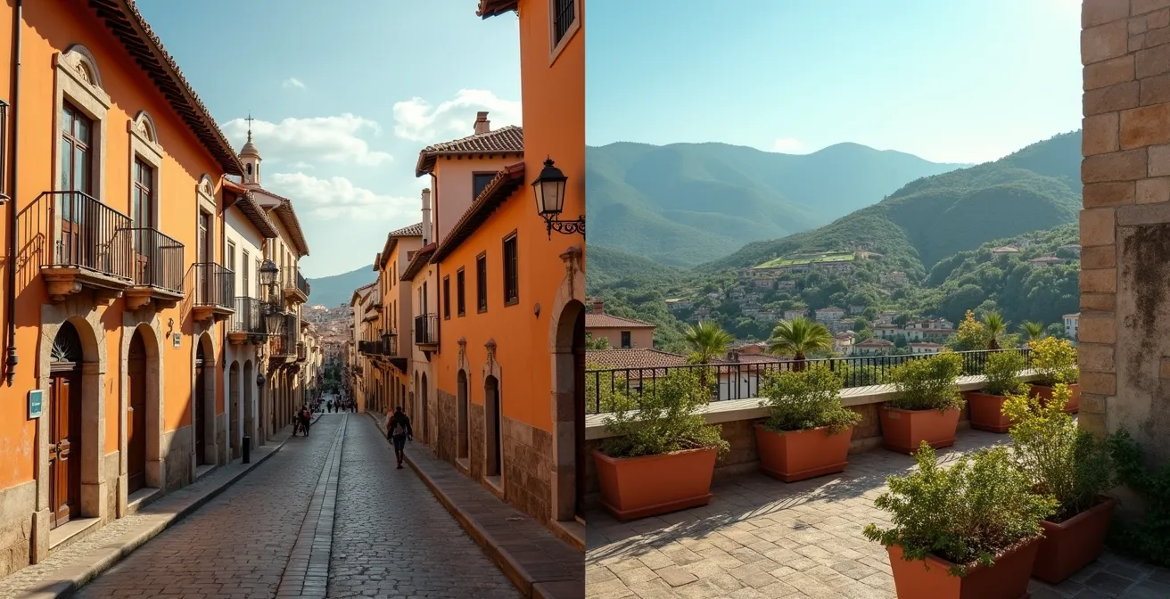 Vista dividida mostrando hotel en centro histórico y hotel en zona tranquila