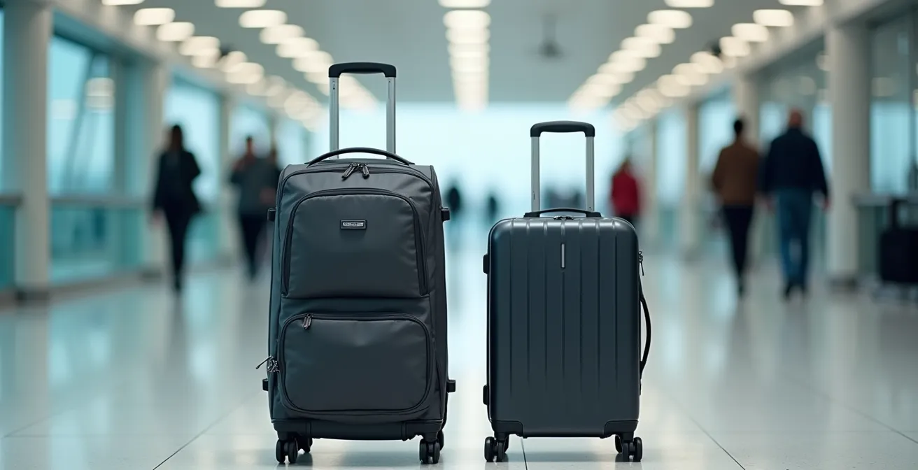 Mochila flexible y maleta rígida junto al medidor metálico de equipaje de Ryanair en aeropuerto español