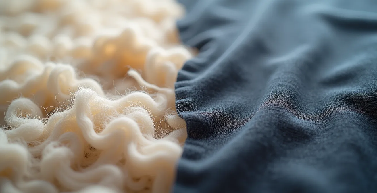 Primer plano de tejidos de lana merino y sintético mostrando sus texturas distintivas