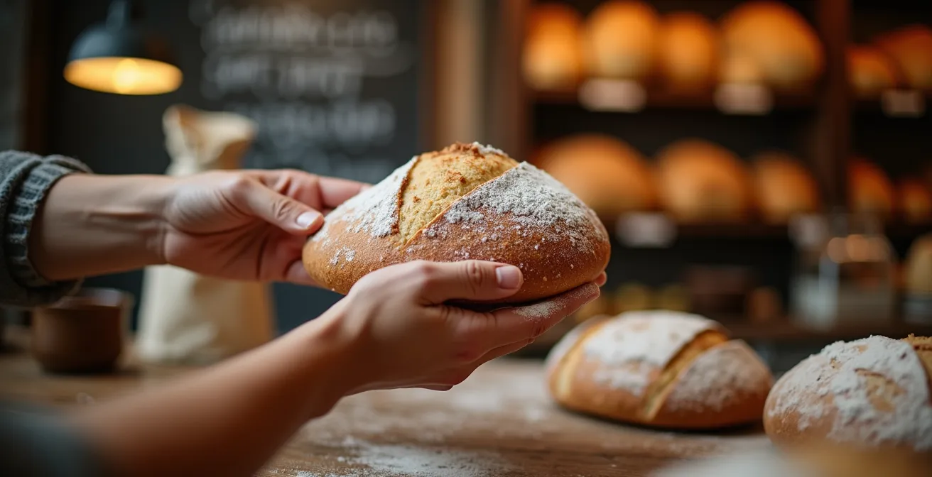 Interior de panadería tradicional española con panadero entregando pan a cliente local en ambiente cálido y acogedor