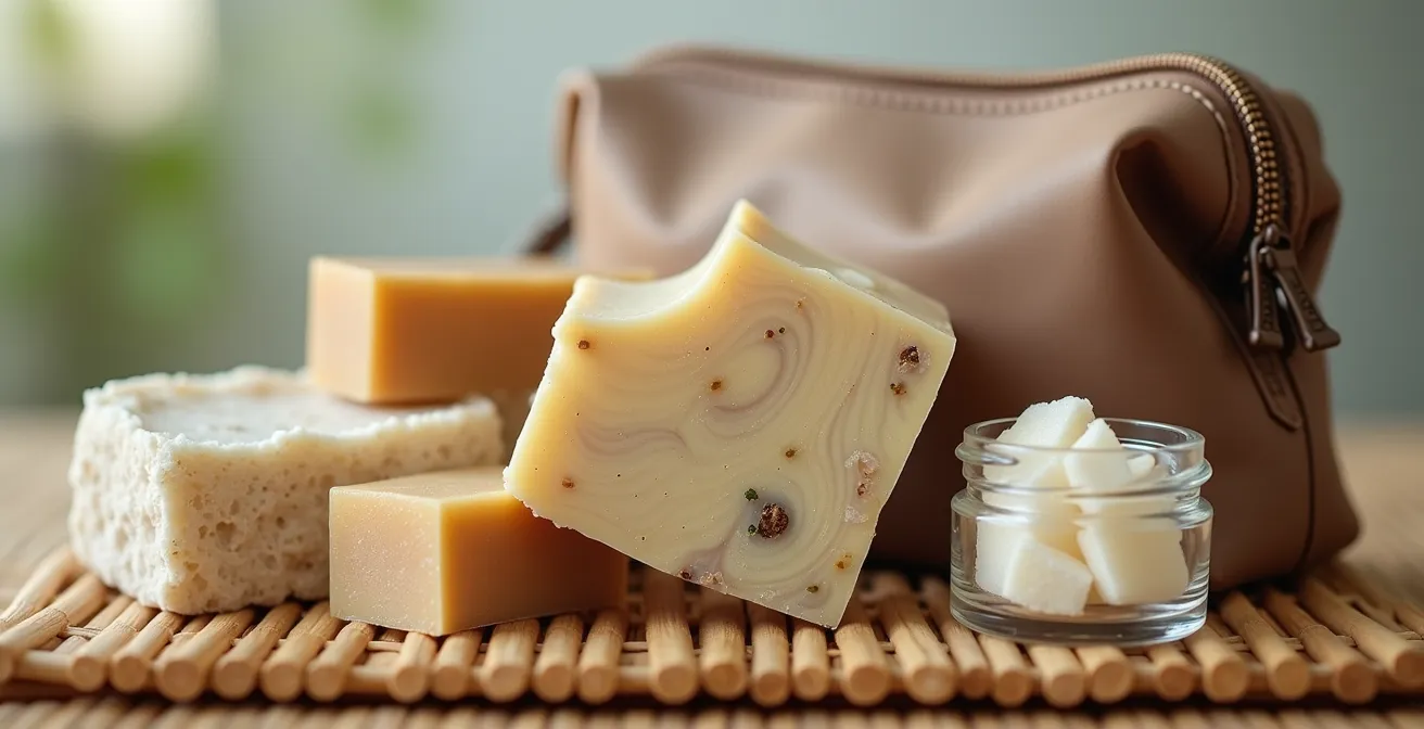 Conjunto de cosméticos sólidos artesanales sobre superficie de bambú con neceser impermeable