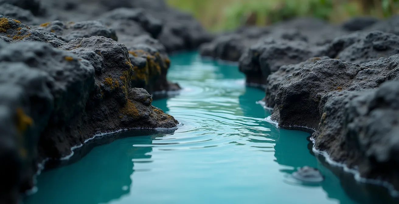 Vista aérea de costa volcánica con piscinas naturales y vegetación exuberante