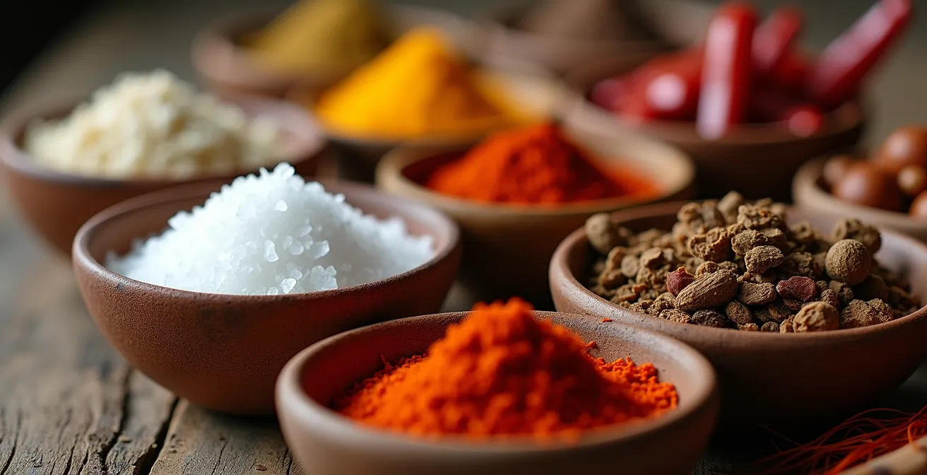 Primer plano macro de especias exóticas coloridas en cuencos de cerámica artesanal sobre madera envejecida