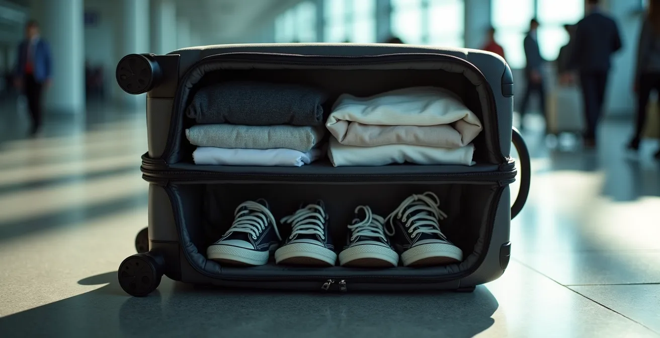 Vista lateral de maleta de cabina mostrando distribución estratégica del peso