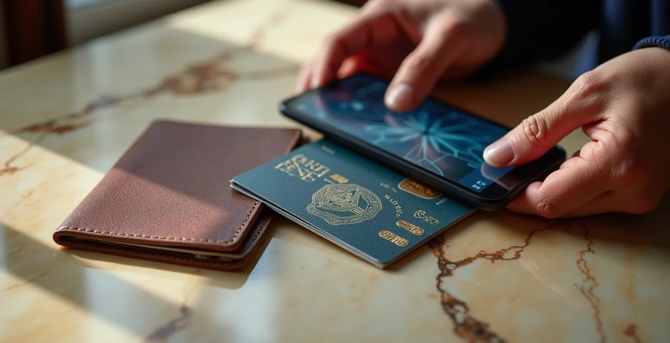 Proceso de digitalización segura de documentos de viaje donde se ven texturas de pasaporte y un smartphone.