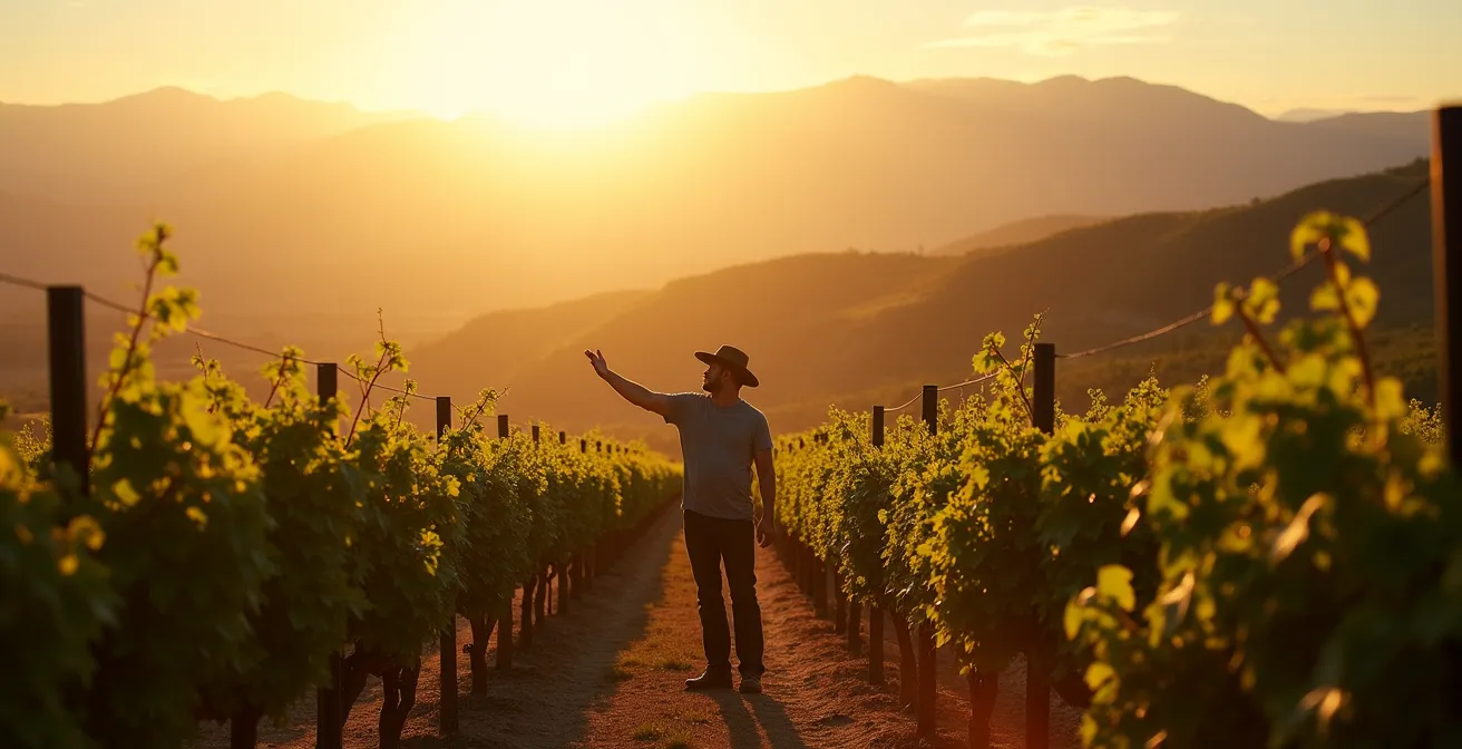 Enólogo explicando el terroir en un viñedo español al atardecer