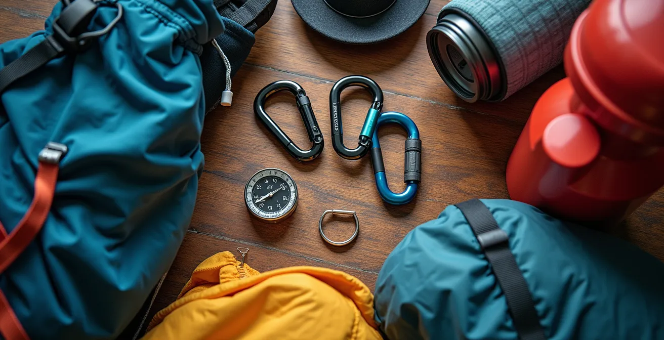 Equipo de trekking organizado y mochila preparada para un viaje de montaña, mostrando una planificación meticulosa.