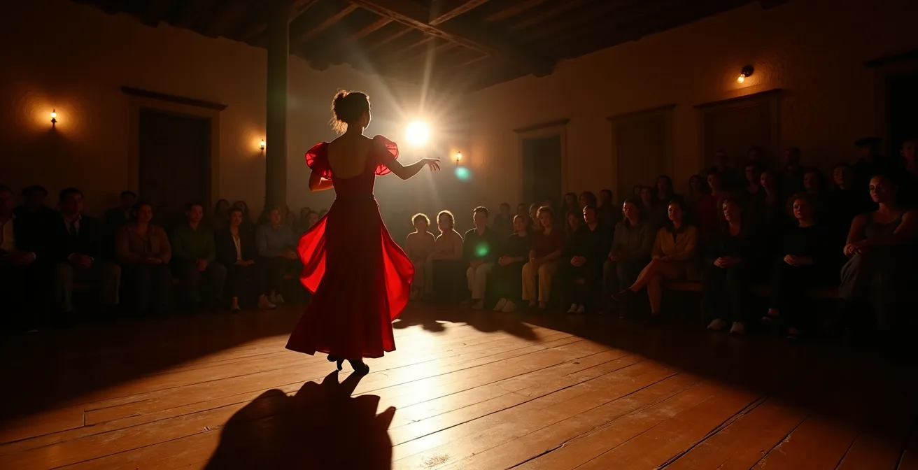Tablao flamenco íntimo con bailaora en pleno movimiento y público cercano
