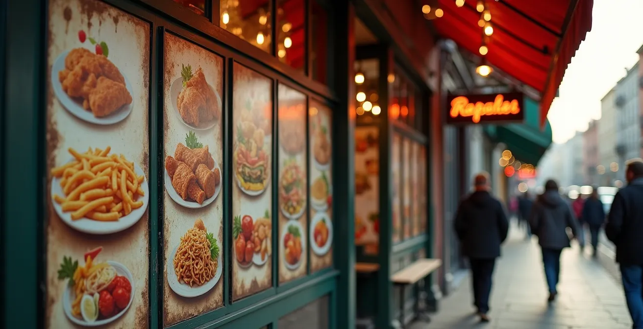 Fachada de restaurante con carteles de comida y fotos plastificadas en la entrada