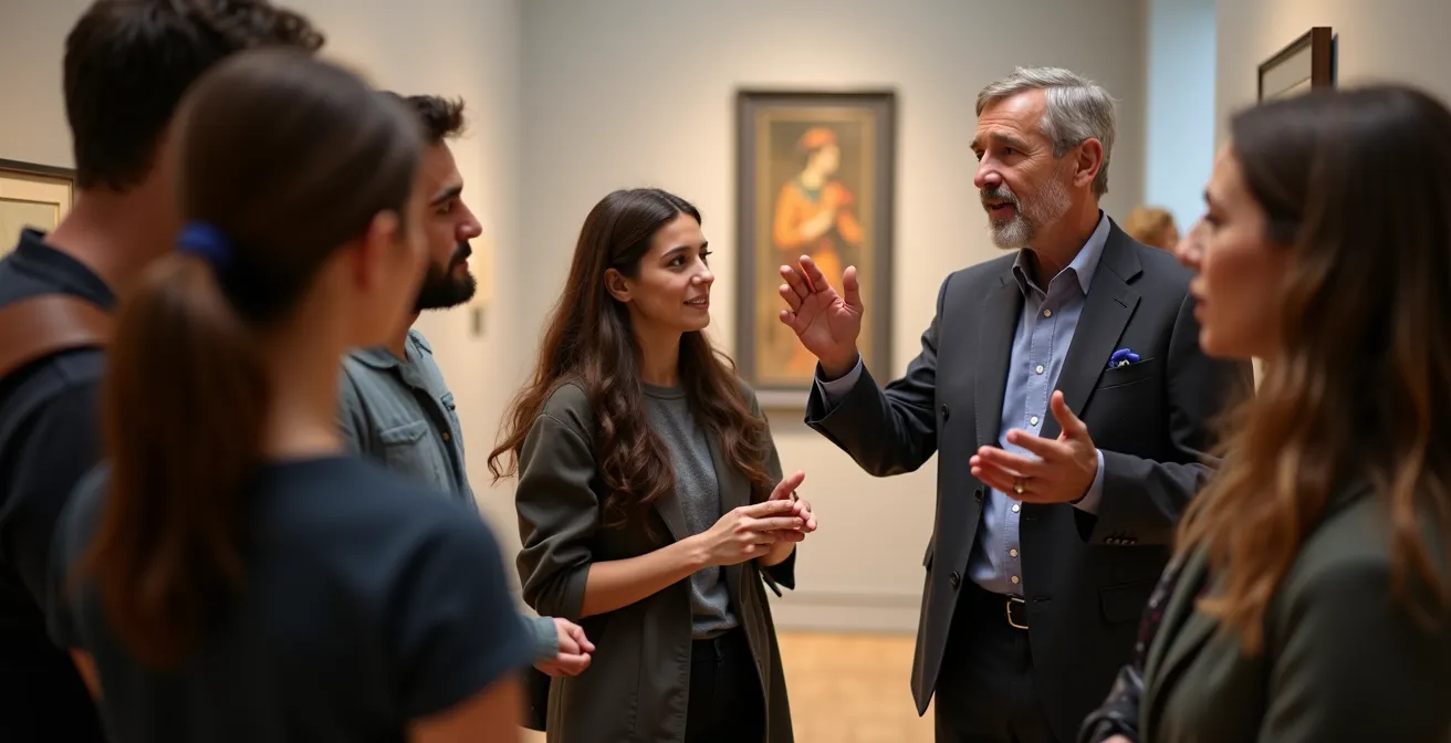 Guía experto gesticulando mientras explica una obra a un pequeño grupo atento