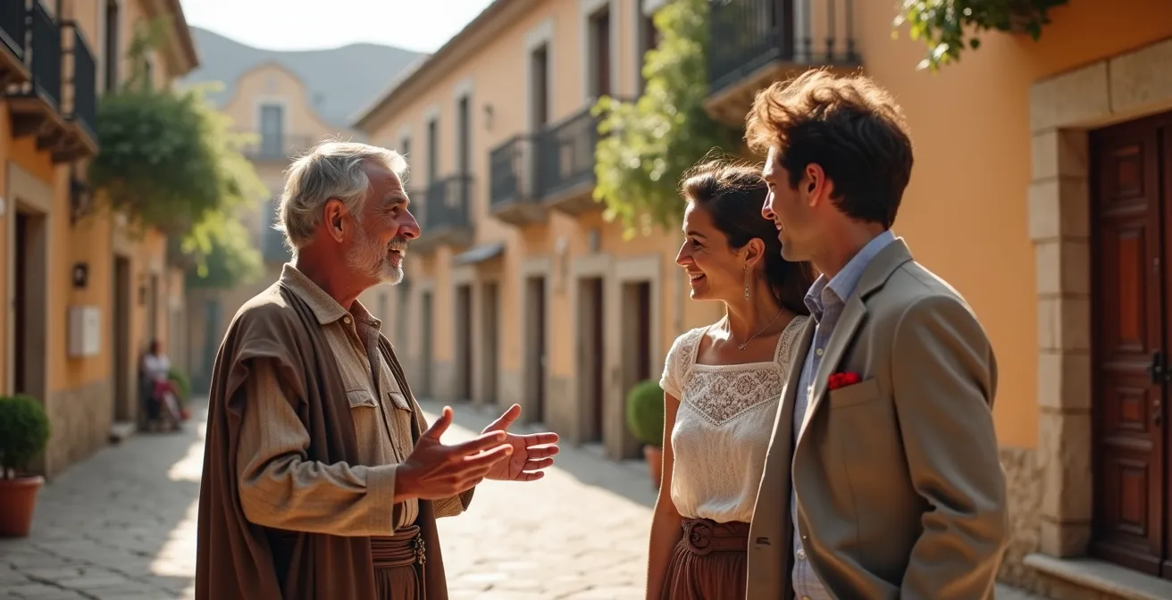 Guía local charlando íntimamente con pareja en plaza de pueblo español