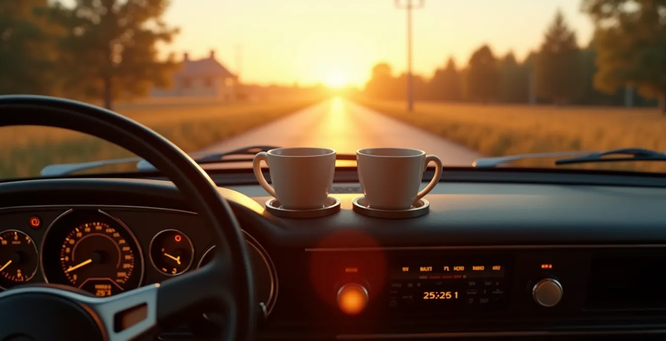Interior de coche durante viaje con ambiente musical romántico y paisaje de fondo