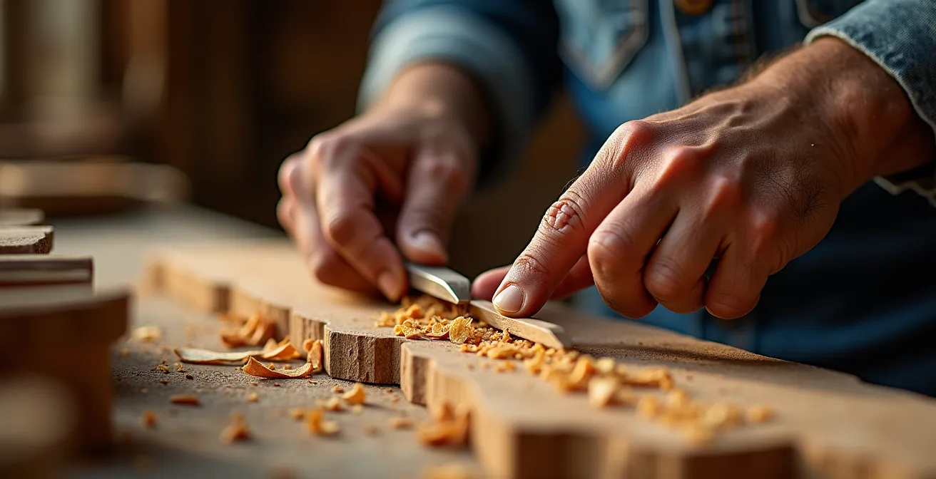 Primer plano de las manos de un luthier trabajando en una guitarra española tradicional