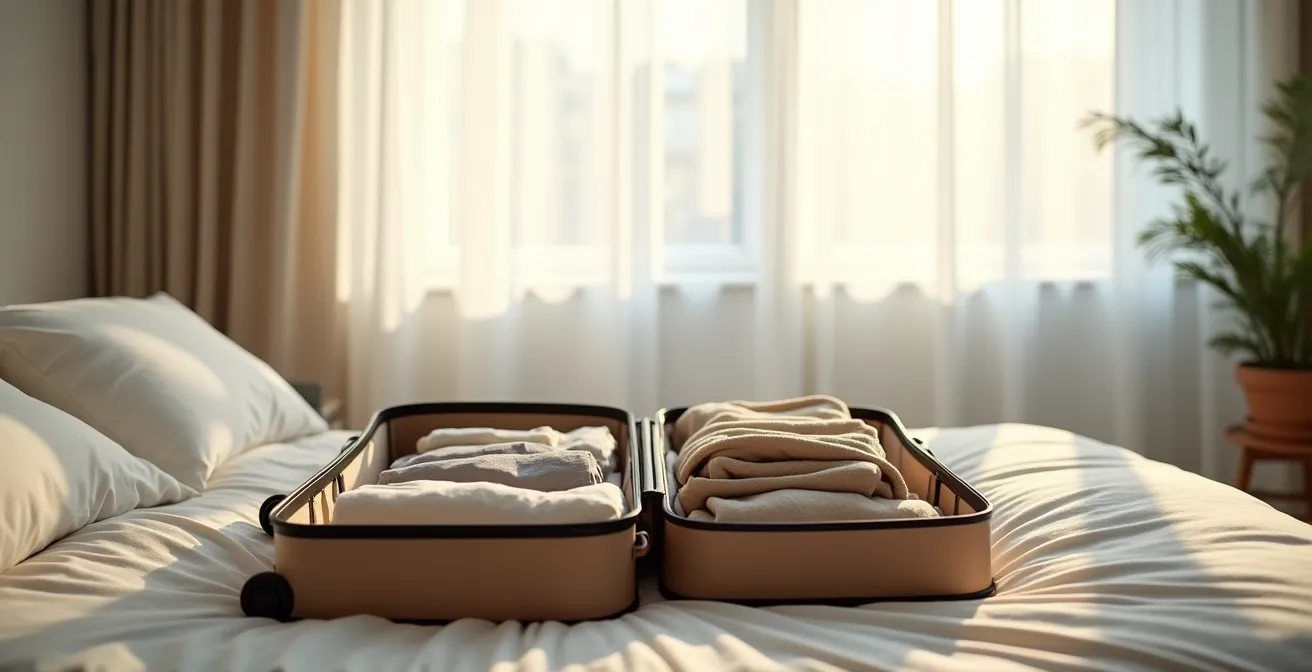 Maleta abierta con ropa de viaje iluminada por luz natural de ventana