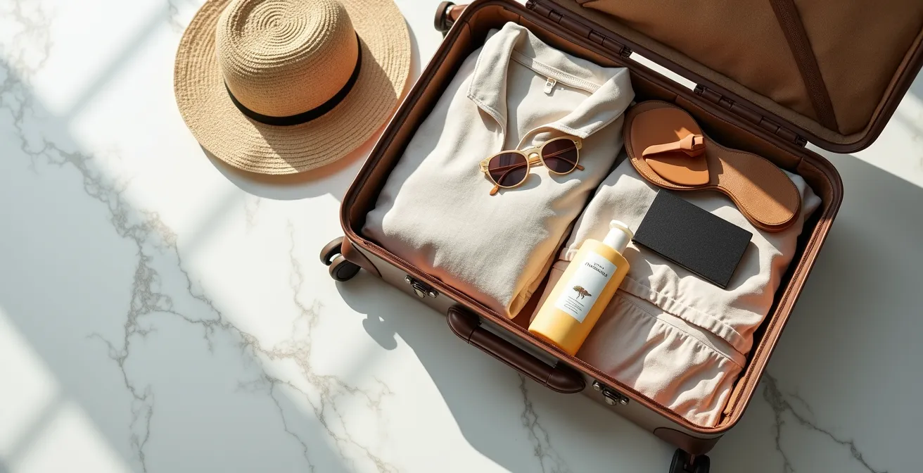 Maleta abierta con ropa de lino, protector solar y elementos esenciales para viaje tropical