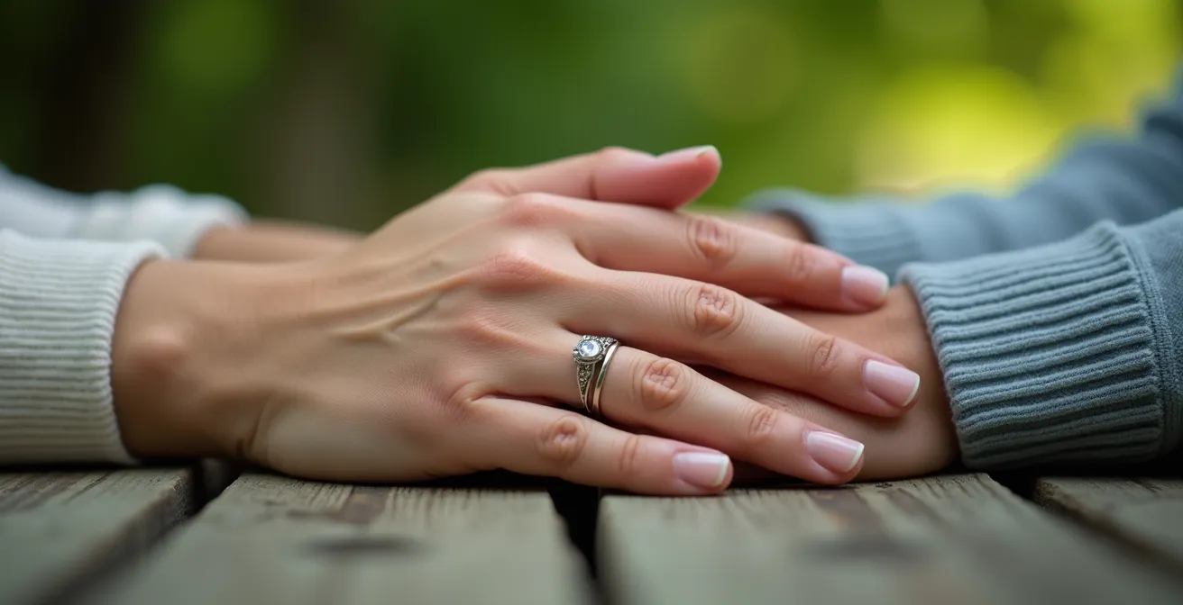 Detalle macro de manos entrelazadas sobre banco de madera en el Parque del Retiro