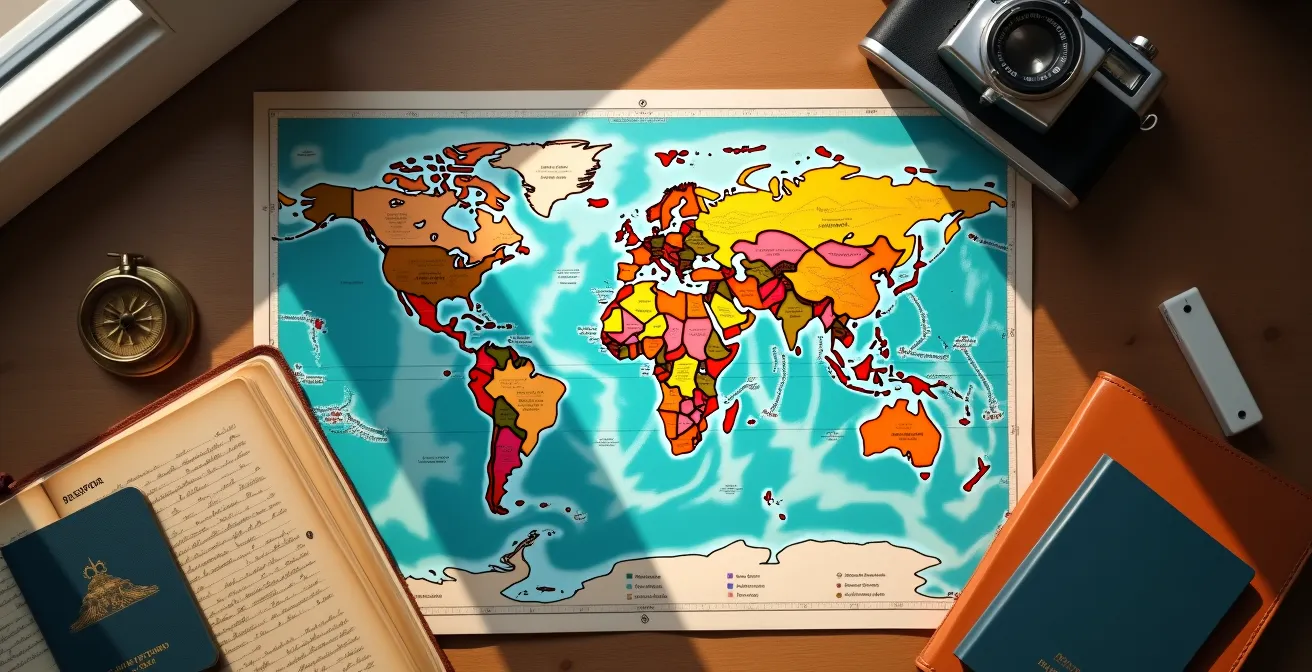 Mesa con mapa mundial desplegado, pasaportes y documentos de viaje organizados