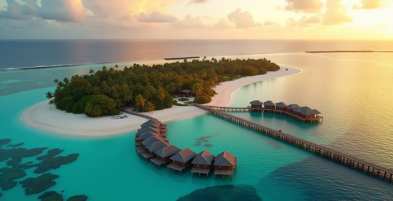 Vista aérea esquemática de un resort mostrando la orientación de villas sobre agua para maximizar la privacidad