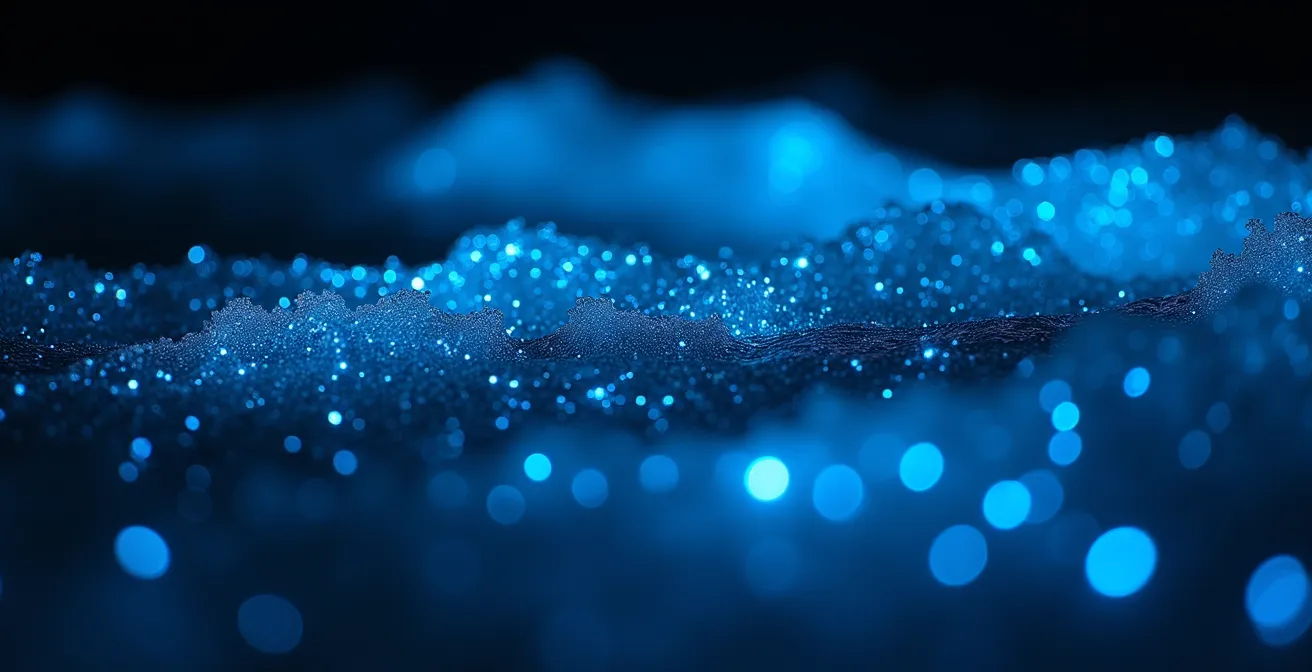 Playa gallega iluminada por bioluminiscencia azul en la noche