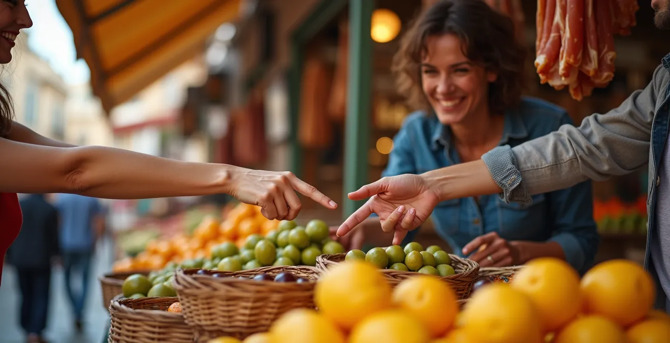 Pareja descubriendo productos locales en mercado tradicional español