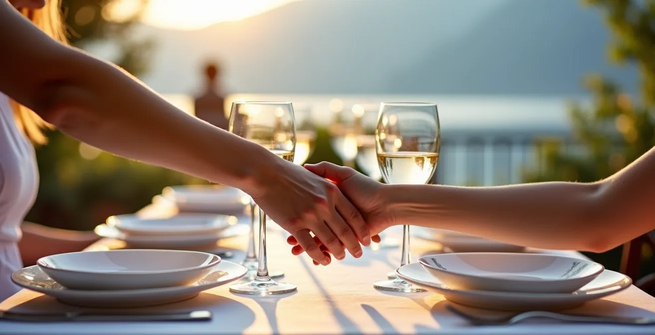 Mesa elegante con vista panorámica al Lago Como desde terraza de restaurante al atardecer