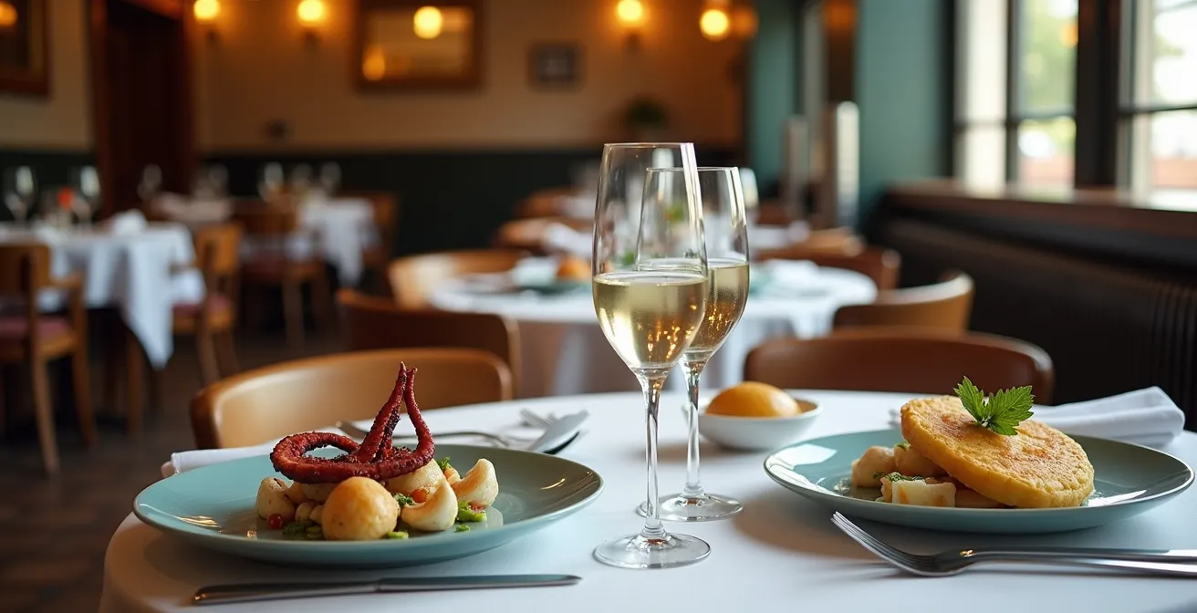 Mesa elegante de restaurante español con platos sin gluten y ambiente romántico para parejas