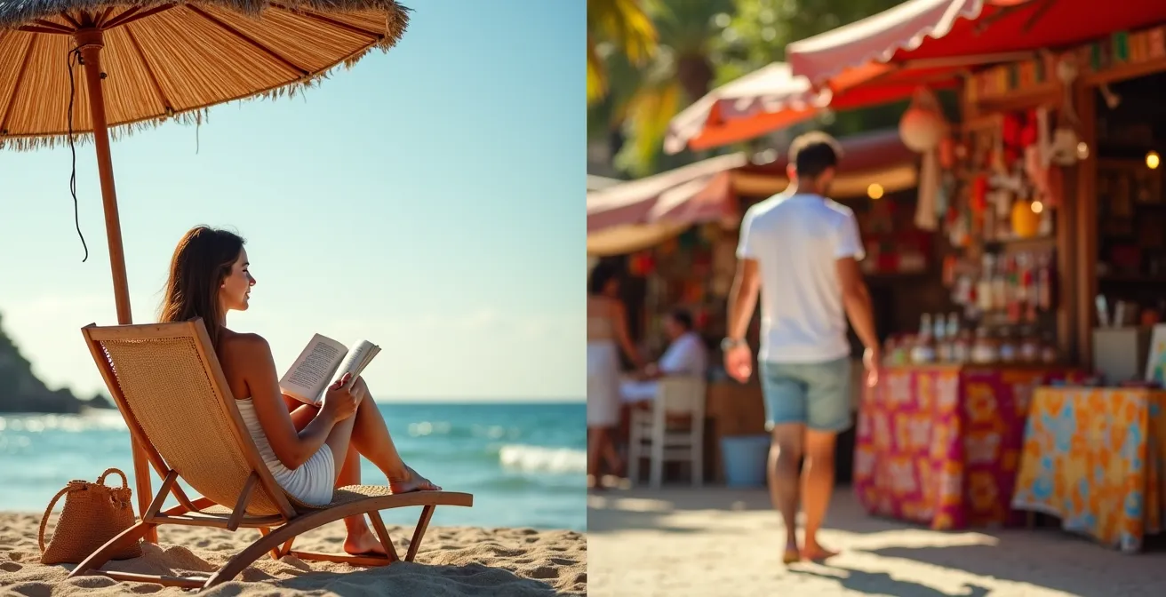 Momentos de soledad saludable: ella en la playa, él en el mercado local