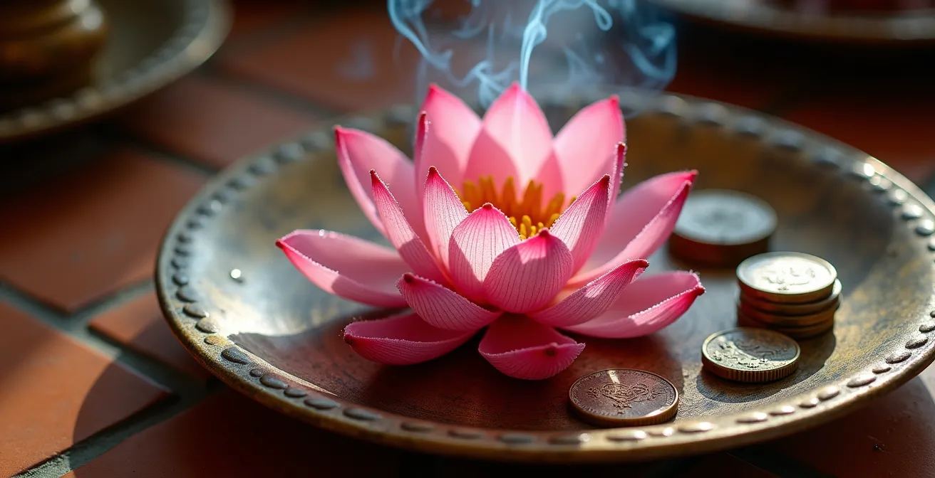 Detalle de ofrendas tradicionales con flores de loto e incienso en un altar budista