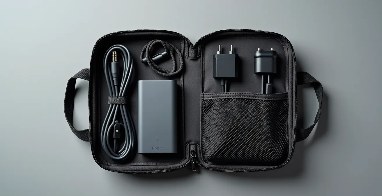 Vista cenital de un neceser tecnológico abierto mostrando cables y dispositivos organizados sistemáticamente