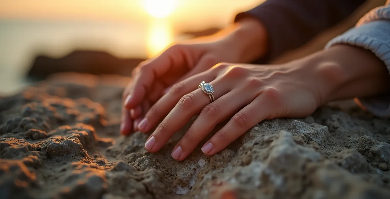 Pareja sentada en acantilado solitario viendo puesta de sol sobre el mar