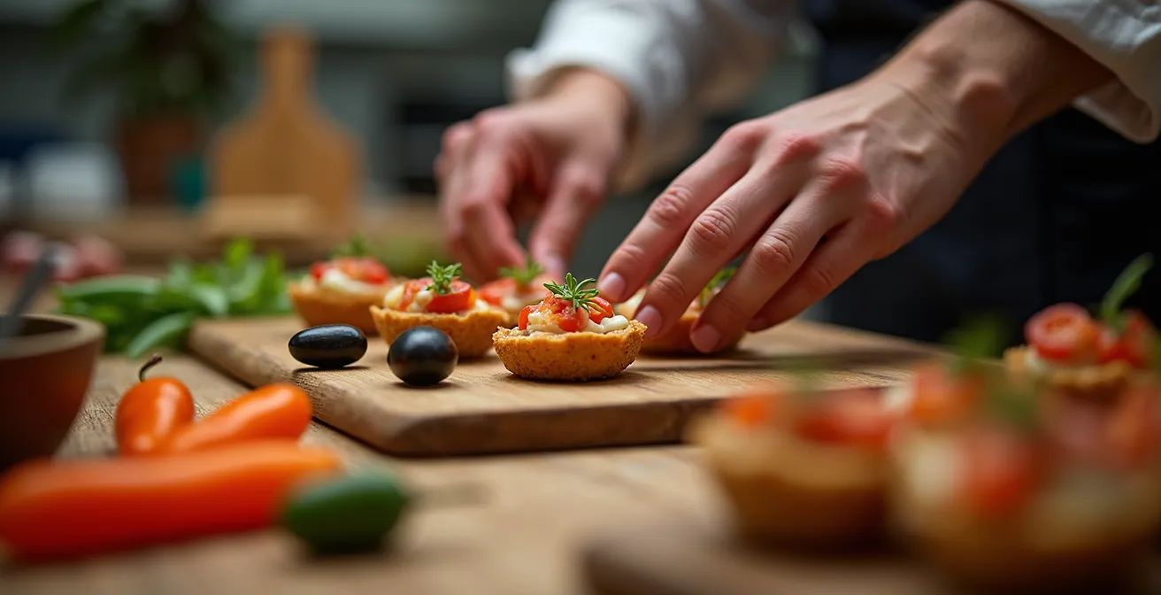 Pareja aprendiendo a preparar pintxos en clase de cocina tradicional vasca