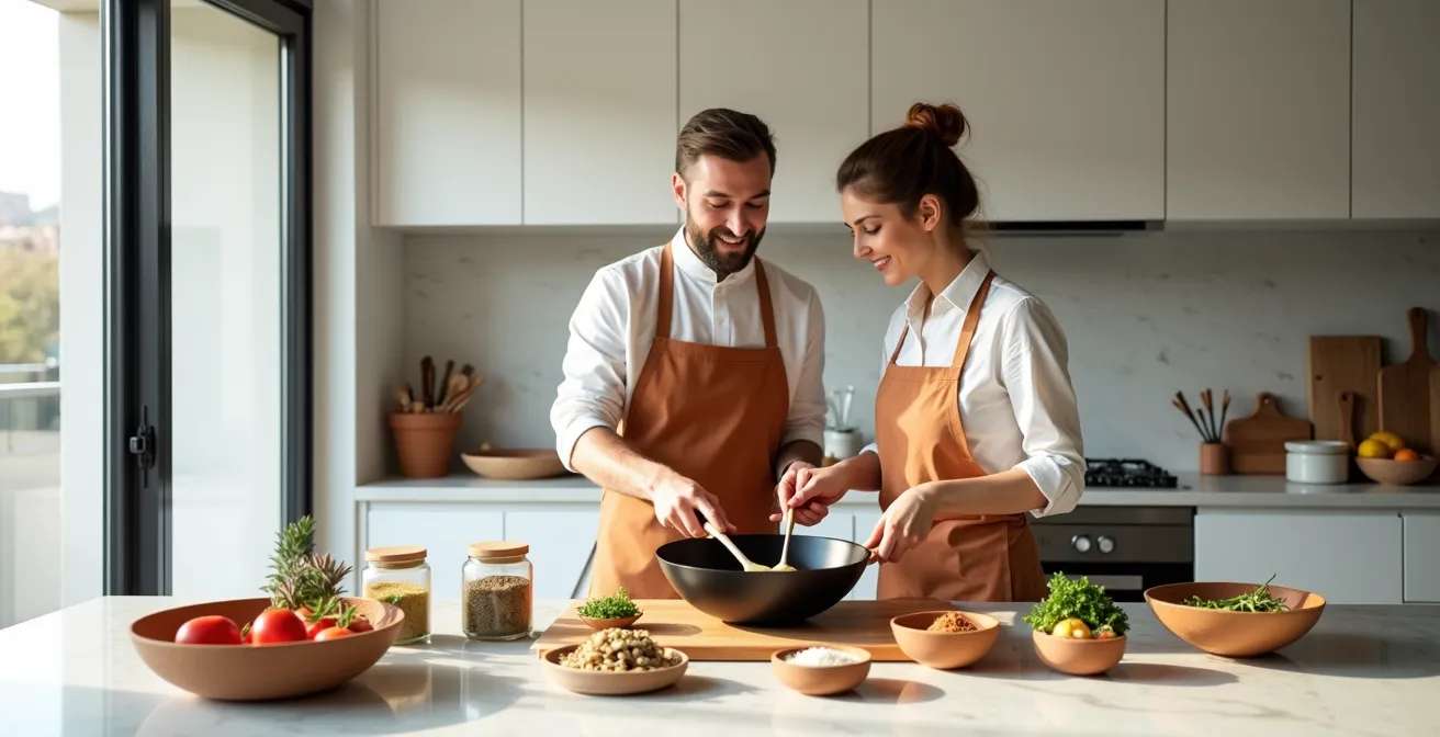 Pareja española preparando pad thai en su cocina, con especias asiáticas y utensilios tradicionales sobre encimera de mármol